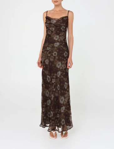 Brown and blue floral print cowl neck maxi dress