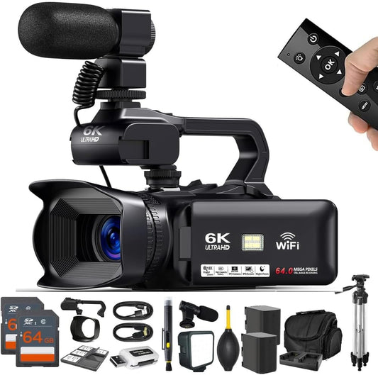 4K/6K Video Camera Camcorder – 64MP Vlogging Camera for YouTube, 60FPS, 18X Zoom – with Mic, LED Light, Tripod & 2×64GB Cards – WiFi, Webcam Bundle